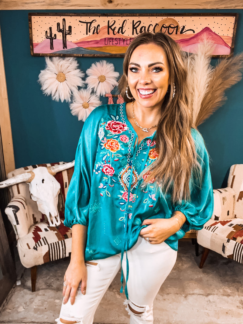 Turquoise Satin Embroidered Bubble Sleeve Dolman