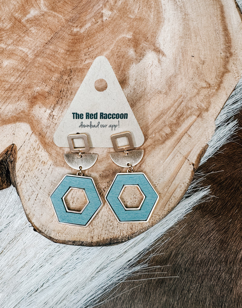 Wood Hexagon + Gold Geometric Earring