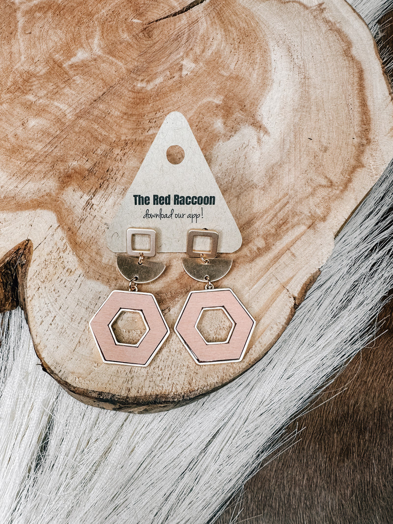 Wood Hexagon + Gold Geometric Earring