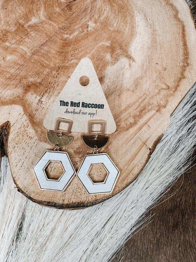Wood Hexagon + Gold Geometric Earring