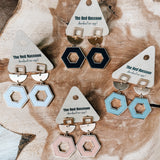 Wood Hexagon + Gold Geometric Earring