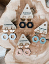 Wood Hexagon + Gold Geometric Earring
