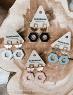 Wood Hexagon + Gold Geometric Earring