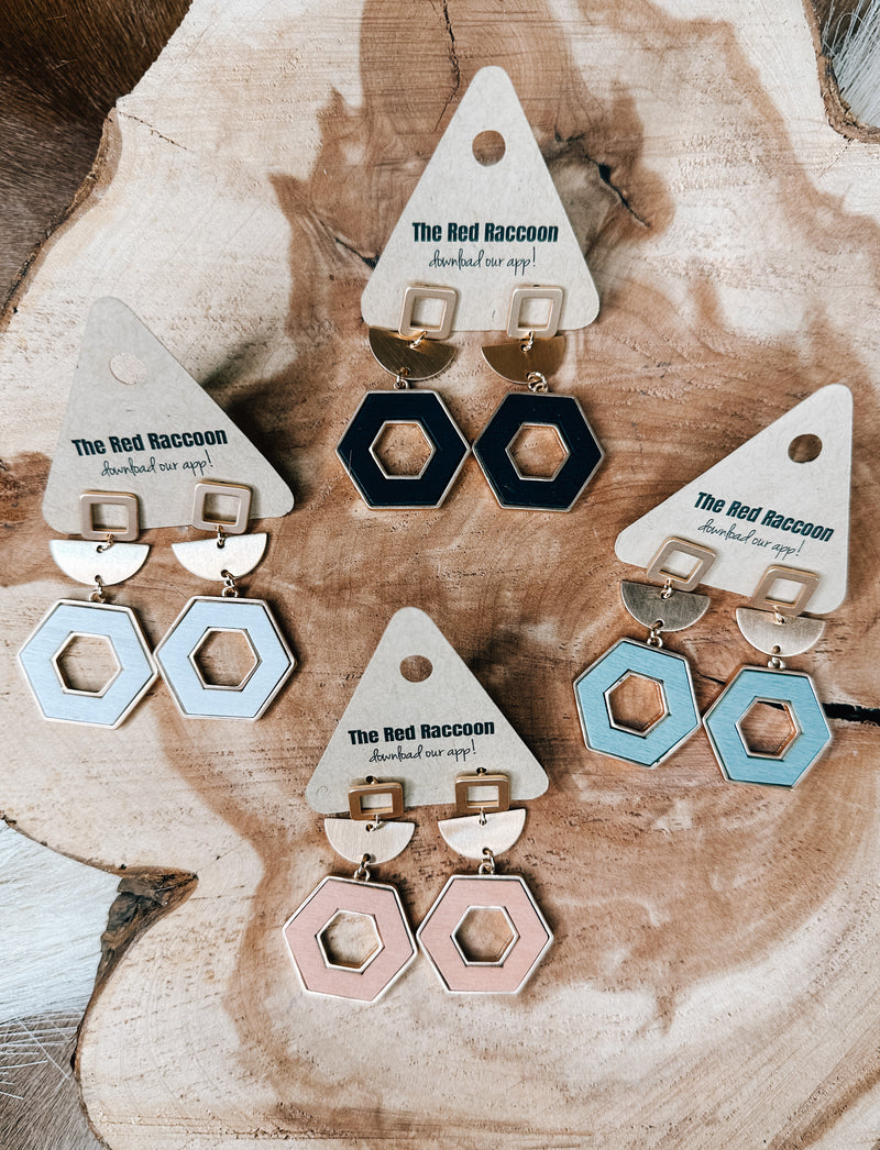 Wood Hexagon + Gold Geometric Earring