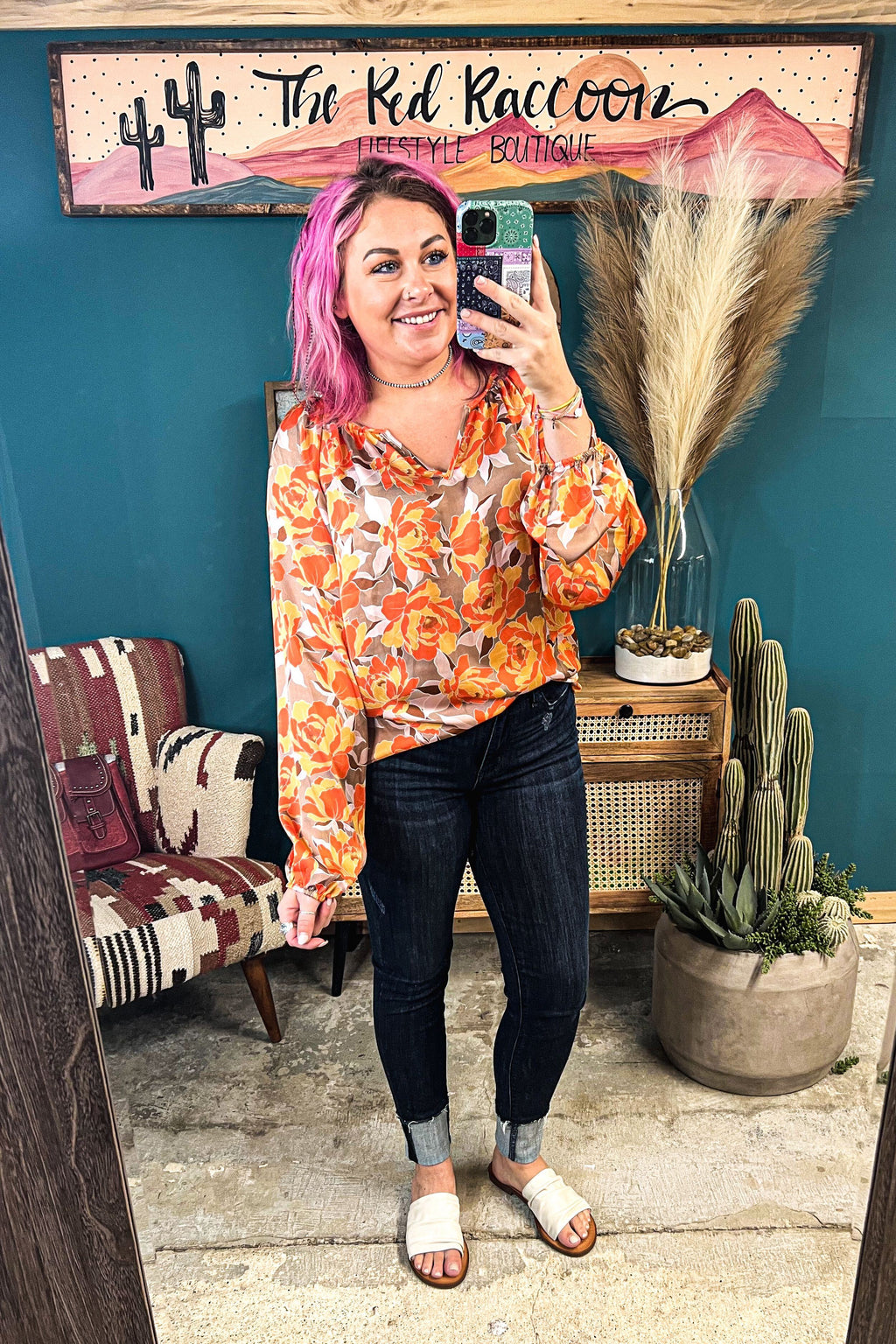 Rust Floral Mix Long Sleeve Blouse