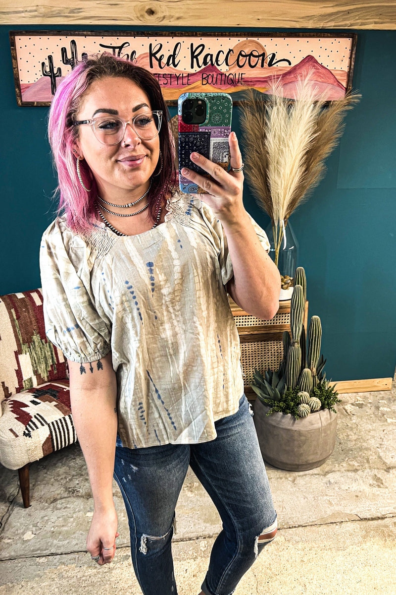 Taupe + Blue Mix Tie Dye Puff Sleeve Top