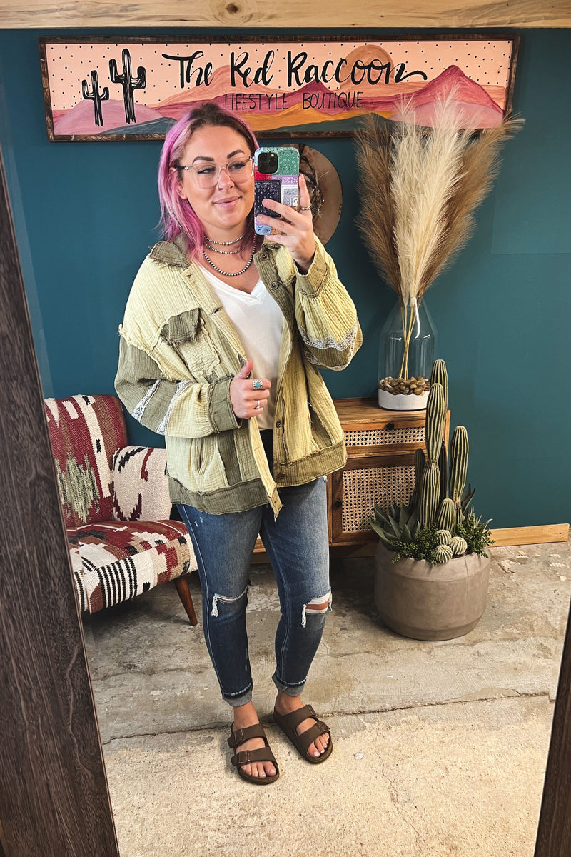 Taupe Woven Linen Jacket with Lace Inset