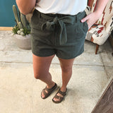 Olive Corduroy Shorts with Waist Tie