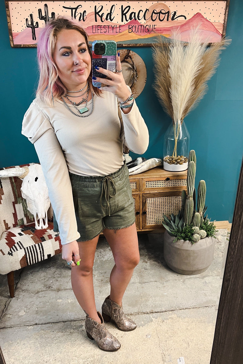 Olive Washed Linen Paperbag Shorts