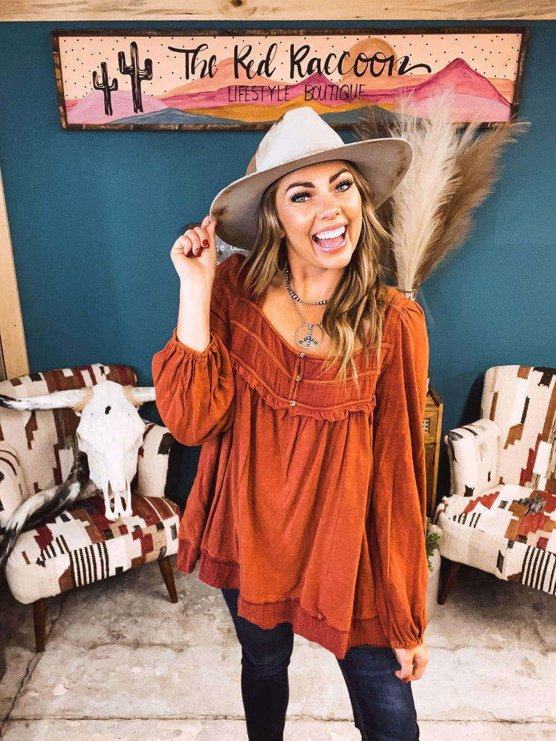 Washed Chili Square Neck Babydoll Blouse