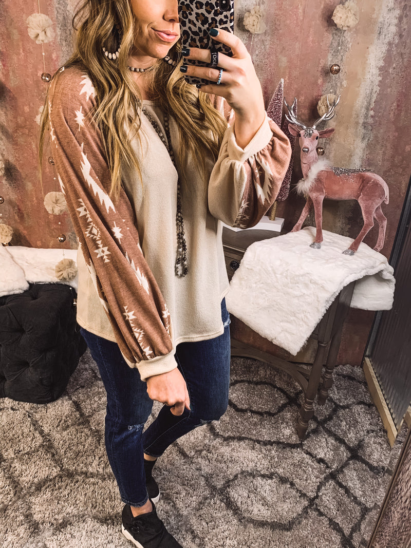 Aztec Sleeve Round Neck L/S Top