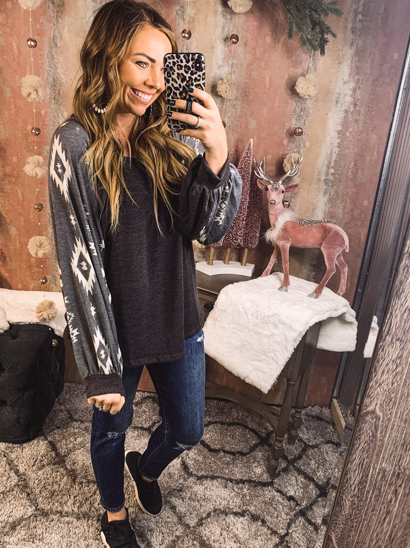 Aztec Sleeve Round Neck L/S Top