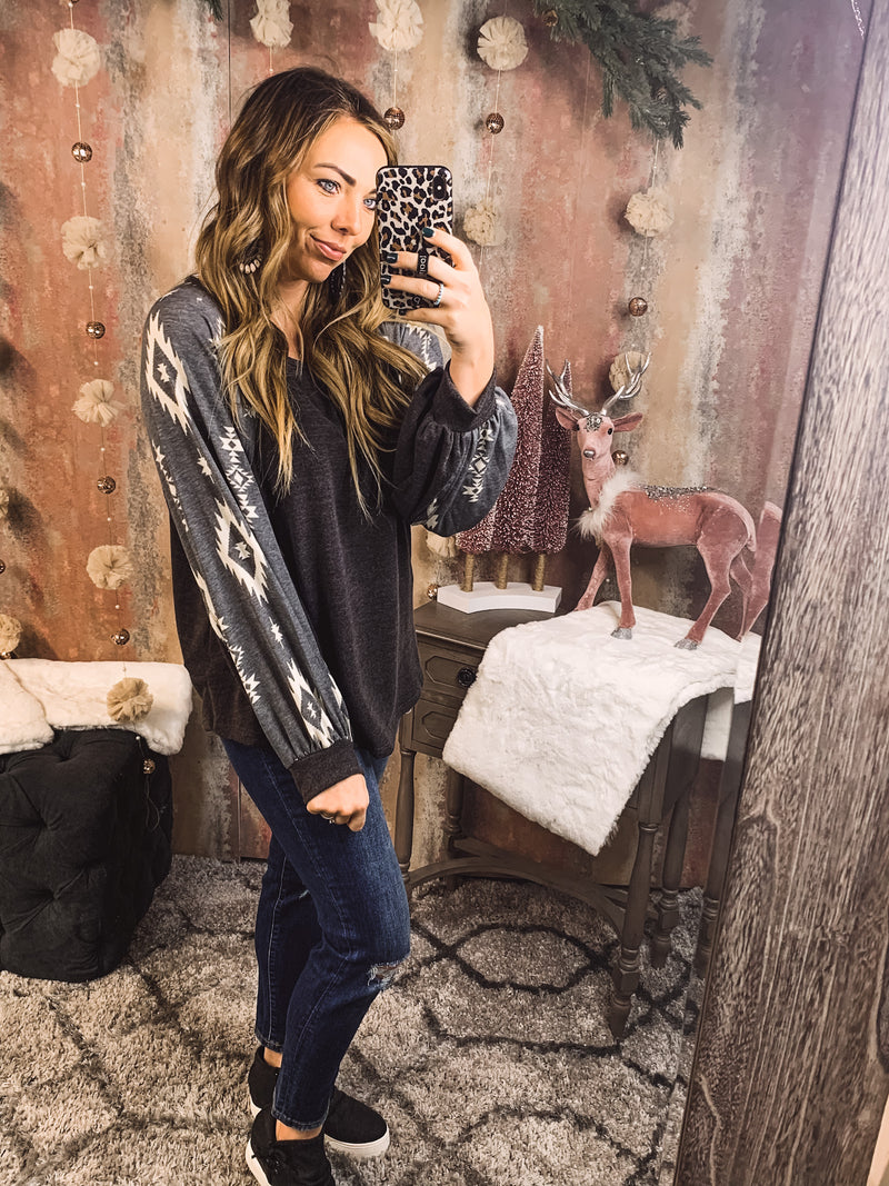Aztec Sleeve Round Neck L/S Top