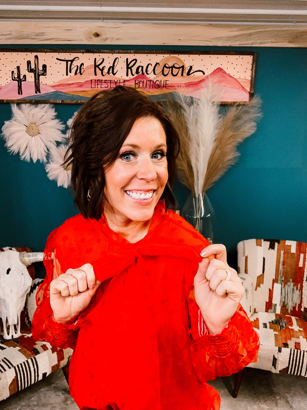 Red Polka Dot L/S Blouse with Neck Tie