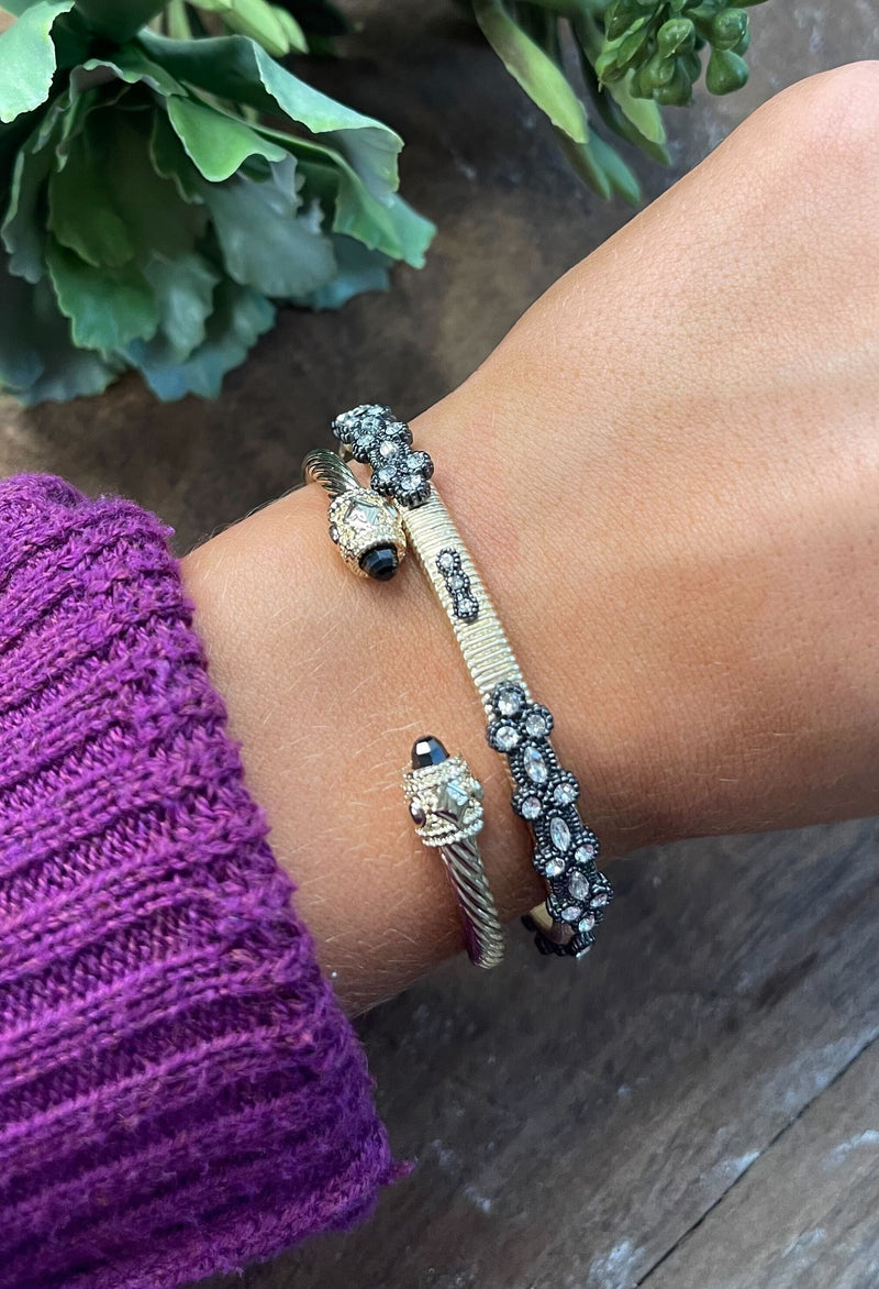 Gold Ribbed Bangle with Black Cluster Stone