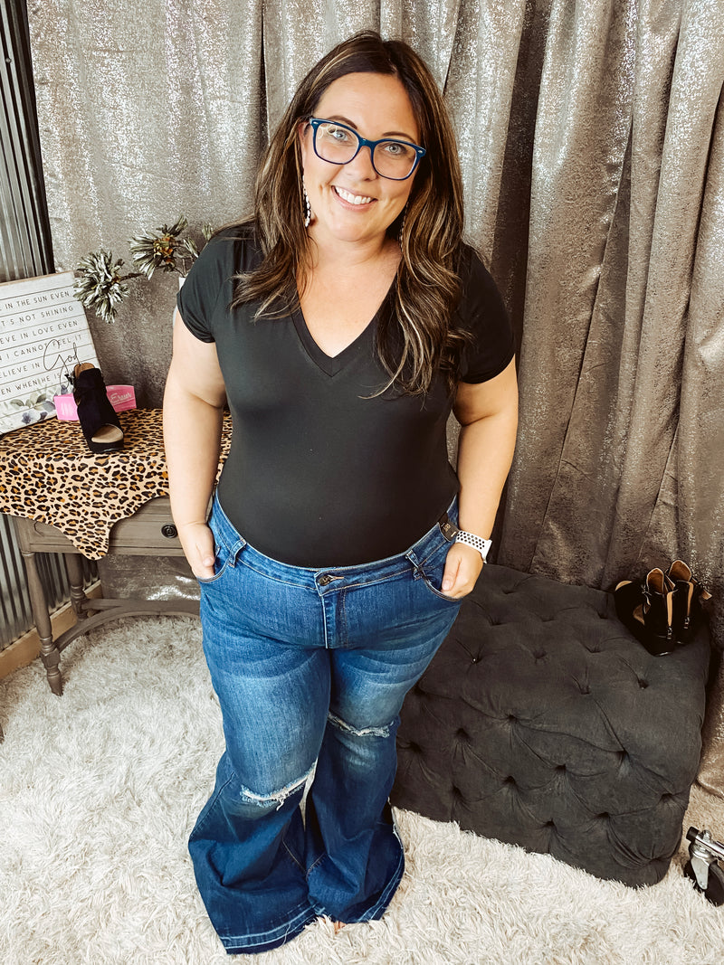 Black V Neck Short Sleeve Body Suit