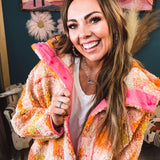 Fun Orange Teddy Block Plaid Sherp Jacket