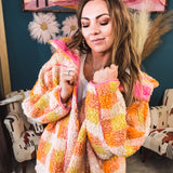 Fun Orange Teddy Block Plaid Sherp Jacket