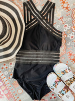 Black Solid Halter Tank Swimwear