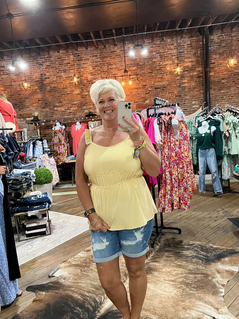 Honey Yellow Micro Gingham Ruched Tank