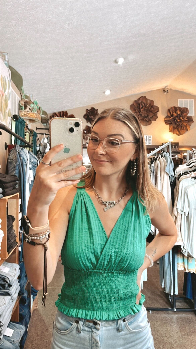 Green Halter Smocked Tank