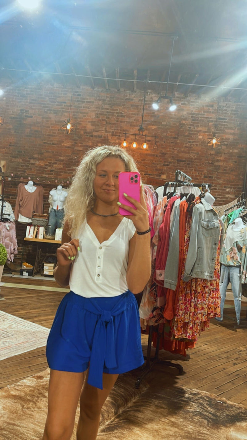 Royal Blue Smocked Tie Waist Shorts