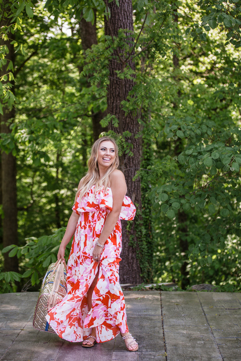 Pink Mix Floral Print Strapless Maxi