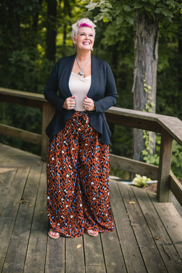 Terra Cotta Leo Print Wide Leg Pant with Waist Tie
