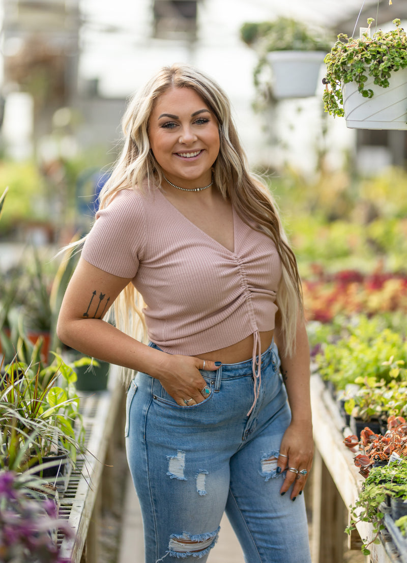 Blush Ruched Short Sleeve V Neck Knit Top