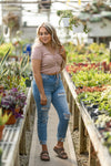 Blush Ruched Short Sleeve V Neck Knit Top