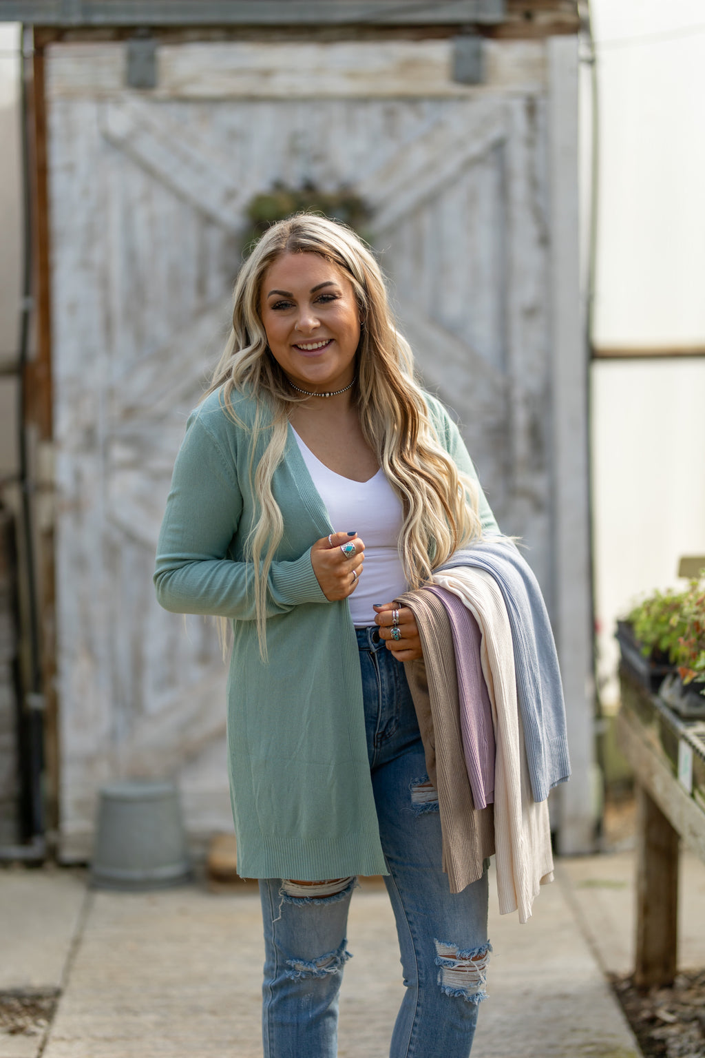Open Front Ribbed Yoke Sweater Cardigan
