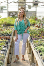 Seafoam Knit V Neck Drawstring Front Top