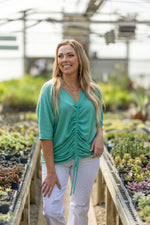 Seafoam Knit V Neck Drawstring Front Top