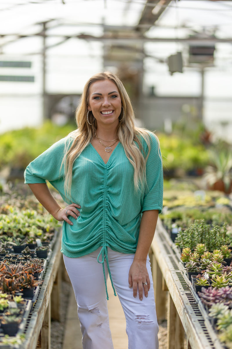 Seafoam Knit V Neck Drawstring Front Top