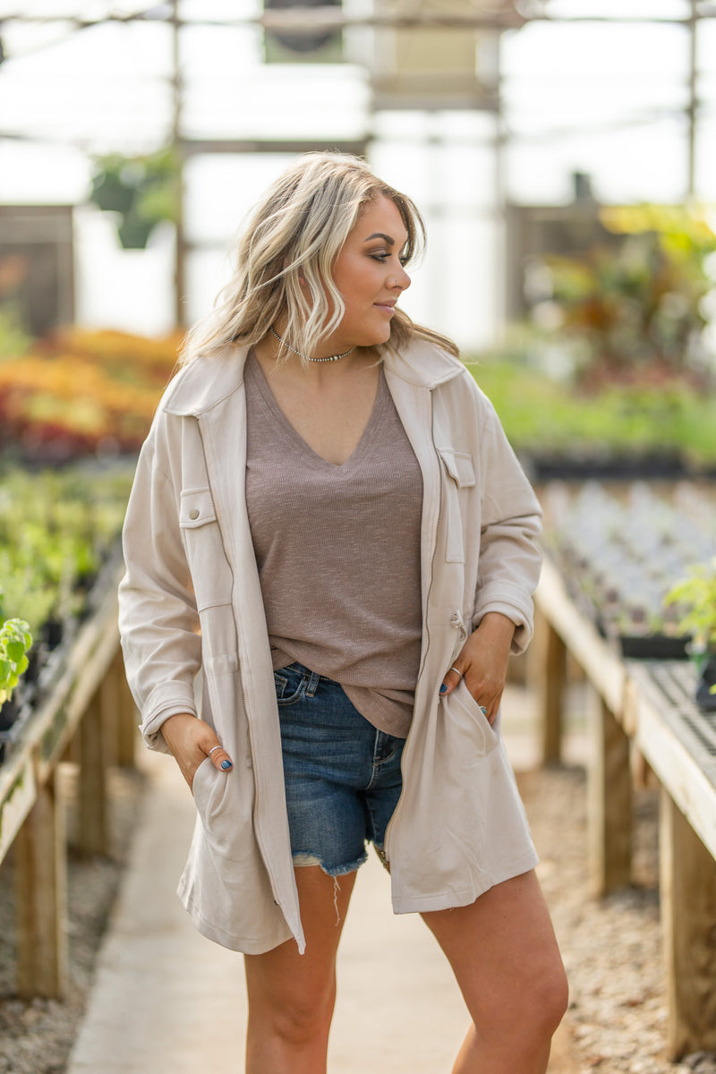 Chic Ivory Faux Suede Zip Up Jacket