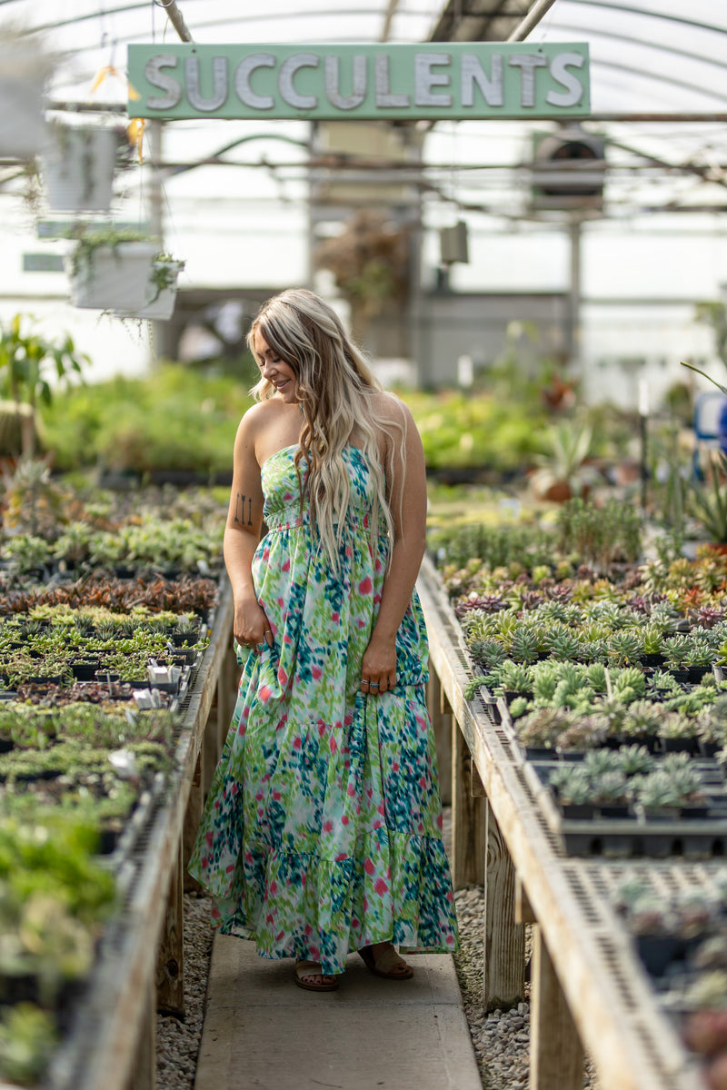 Green Mix Watercolor Halter Smock Maxi
