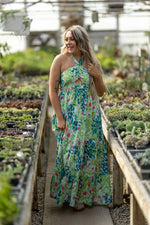 Green Mix Watercolor Halter Smock Maxi