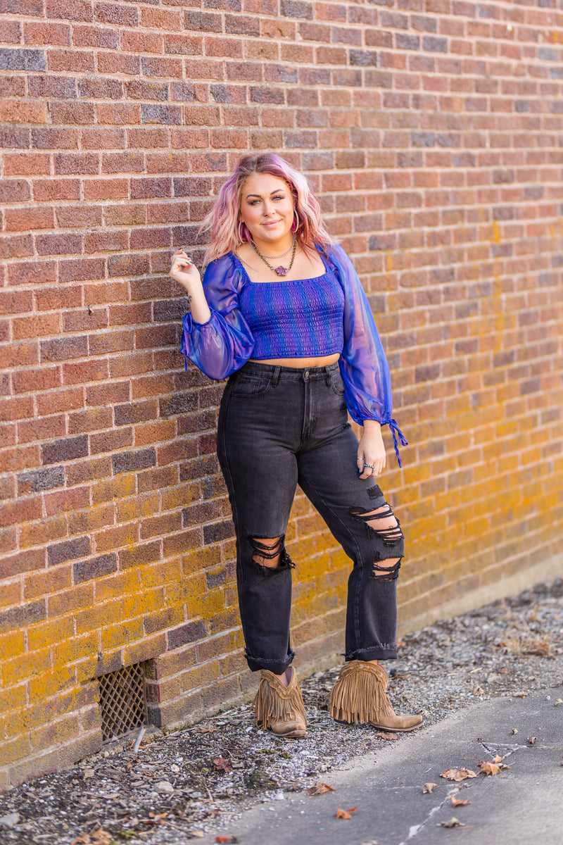 Blue Holographic Sheer Sleeve Smocked Crop