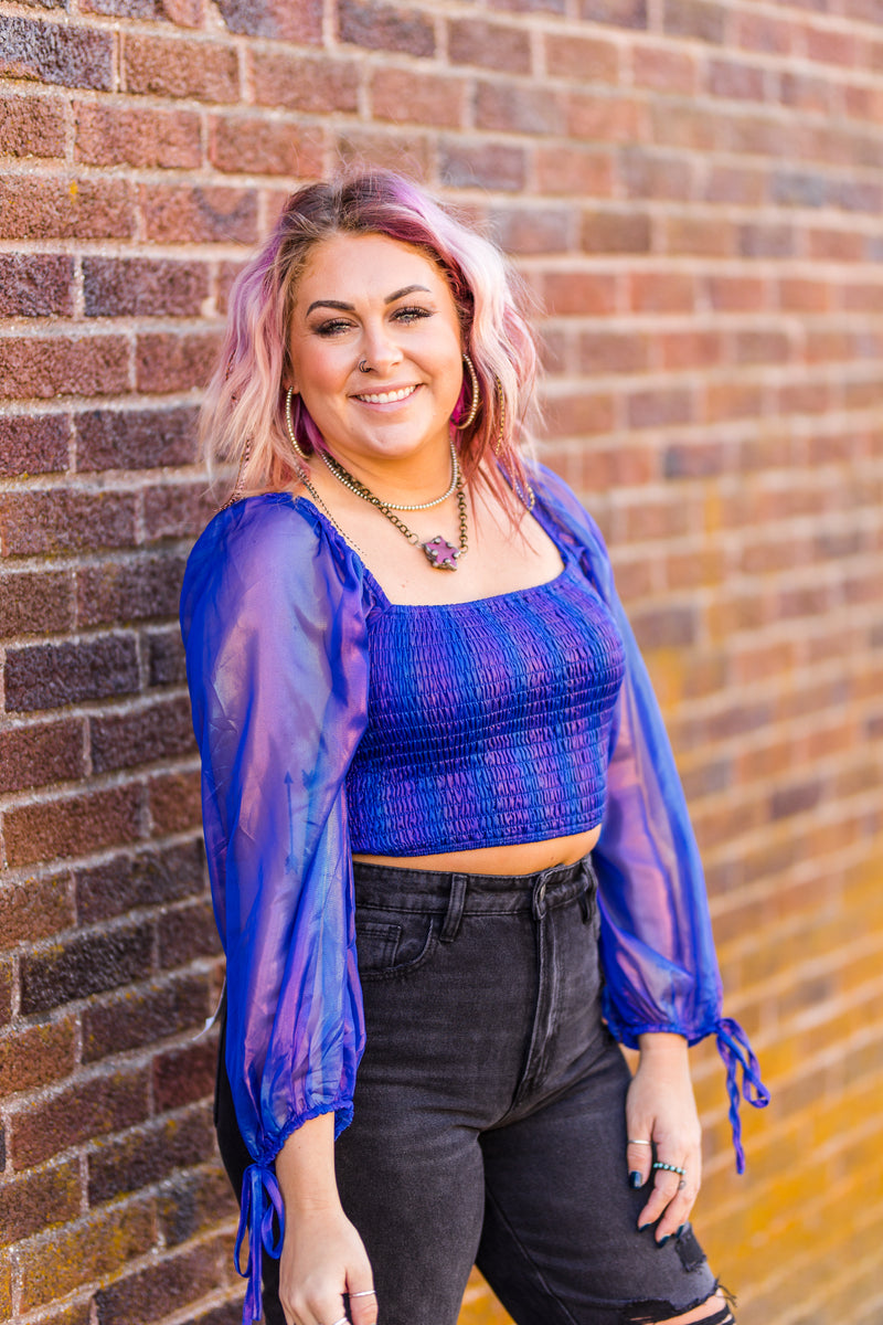 Blue Holographic Sheer Sleeve Smocked Crop