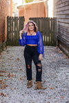 Blue Holographic Sheer Sleeve Smocked Crop