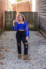 Blue Holographic Sheer Sleeve Smocked Crop