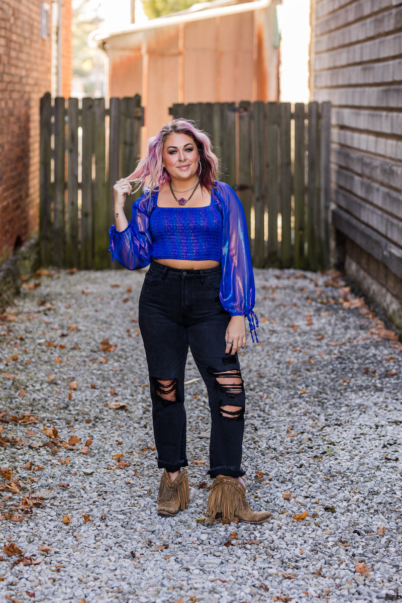 Blue Holographic Sheer Sleeve Smocked Crop