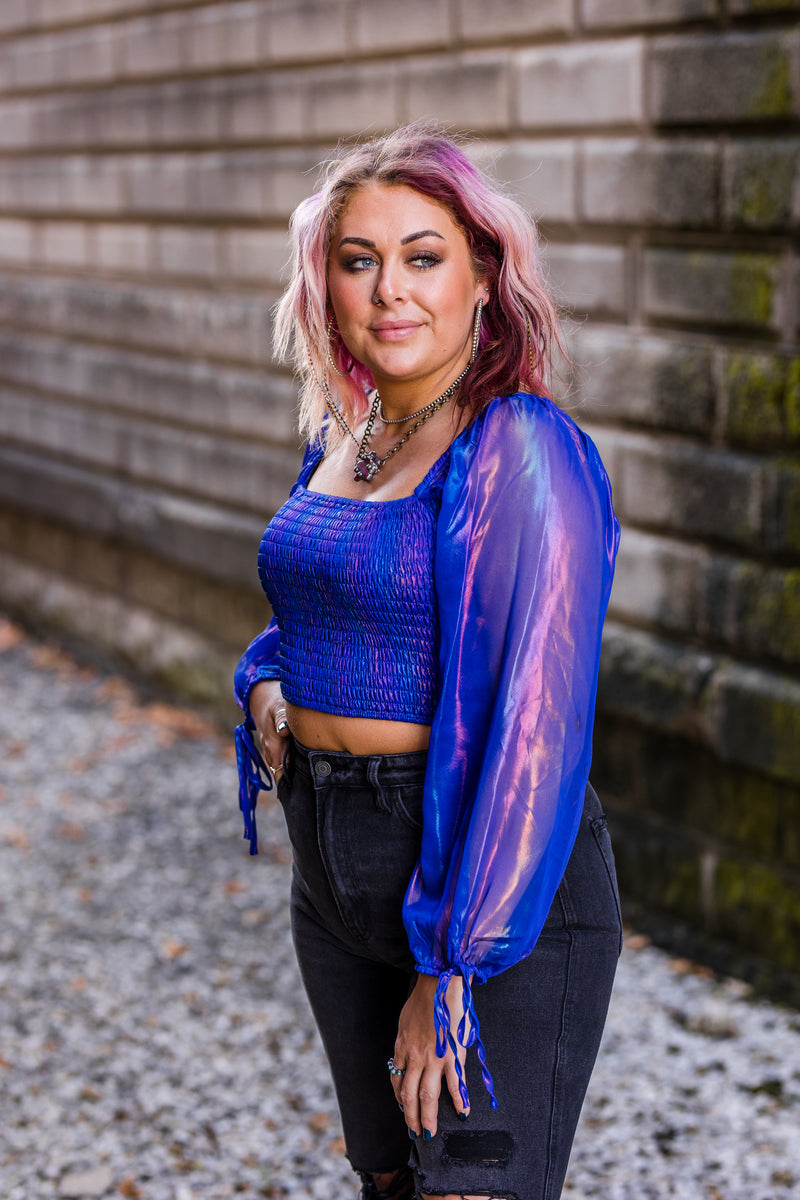 Blue Holographic Sheer Sleeve Smocked Crop