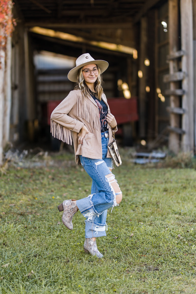 Sand Fringe Suede Blazer with Pockets