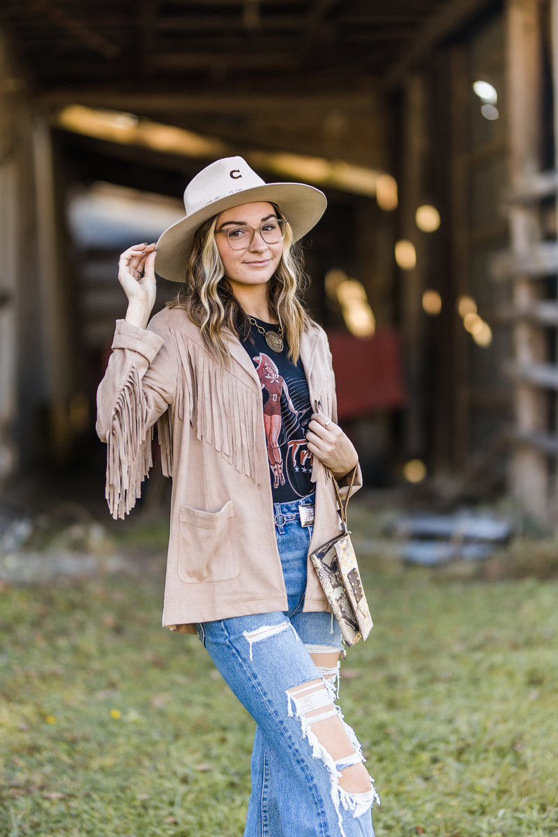 Sand Fringe Suede Blazer with Pockets