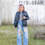 Black Diamond Quilted Leather Jacket with Front Pockets