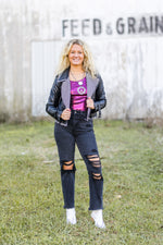 Black Faux Leather Moto Jacket with Gingham Contrast