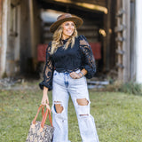 Black Crop Lace L/S Top with Zipper Back