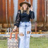 Black Crop Lace L/S Top with Zipper Back