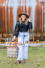 Black Crop Lace L/S Top with Zipper Back